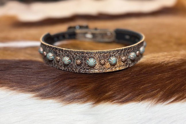 BROWN CRACKLE, COPPER STUDDED LEATHER DOG COLLAR - Gypsy Jewels By TimberBROWN CRACKLE, COPPER STUDDED LEATHER DOG COLLARGypsy Jewels By TimberGypsy Jewels By TimberSDog Collar