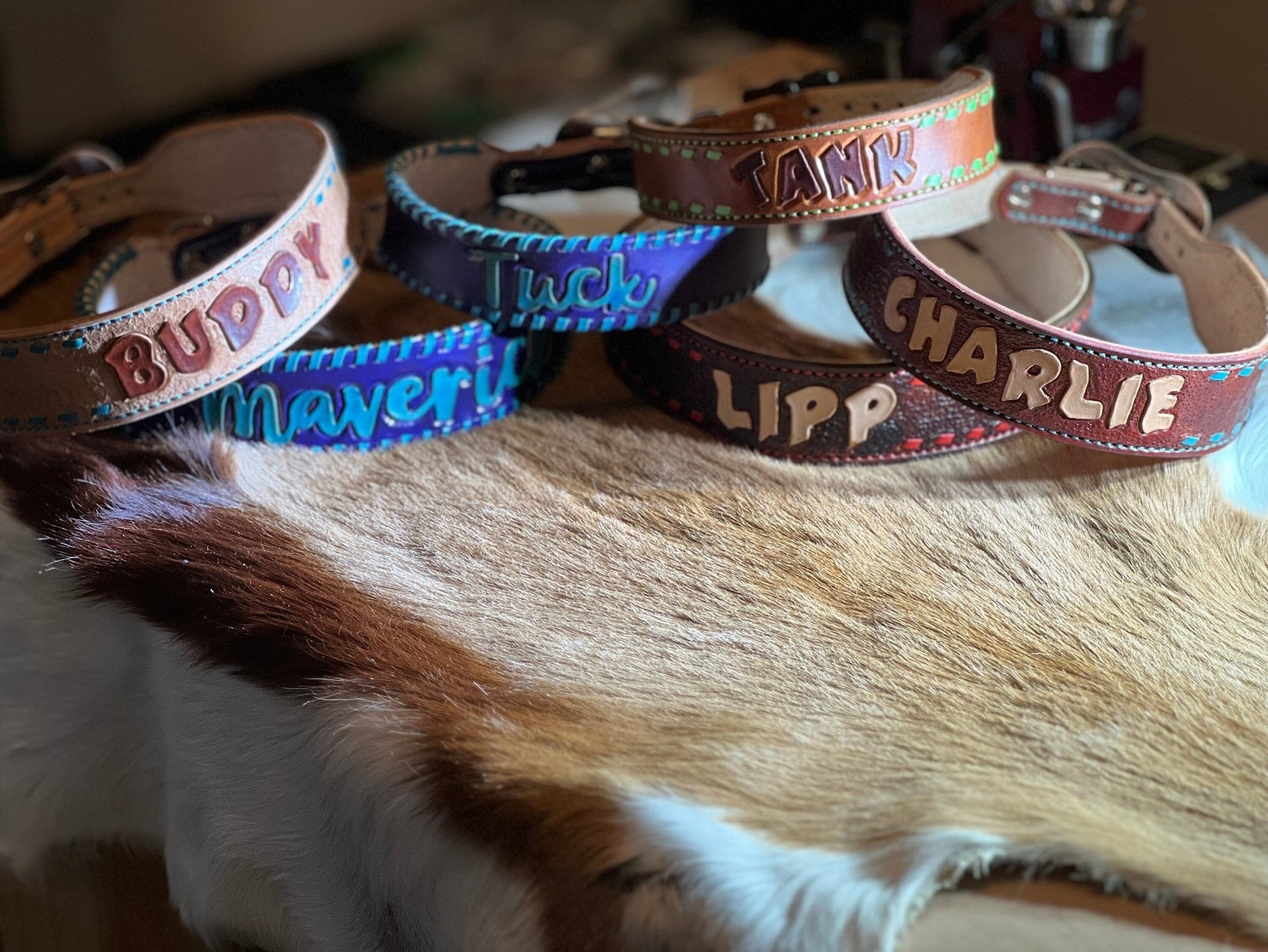 CUSTOM TOOLED LEATHER DOG COLLARS - Gypsy Jewels By TimberCUSTOM…..CUSTOM….CUSTOMGypsy Jewels By TimberGypsy Jewels By Timber1.50”1.50”14” - 17”Dog Collar