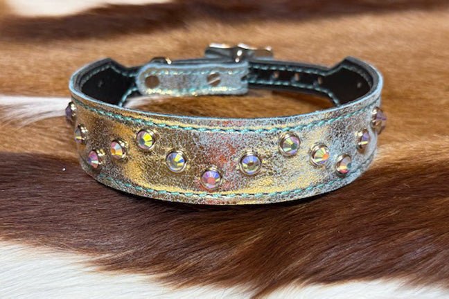 IRIDESCENT GOLD STUDDED LEATHER DOG COLLAR - Gypsy Jewels By TimberIRIDESCENT GOLD STUDDED LEATHER DOG COLLARGypsy Jewels By TimberGypsy Jewels By TimberSDog Collar